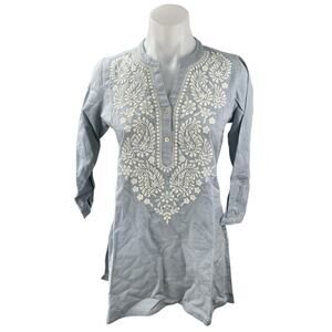 NEW Utsa Women's Blue Floral Embroidered 3/4 Sleeve Kurta Tunic Blouse Top Sz XS